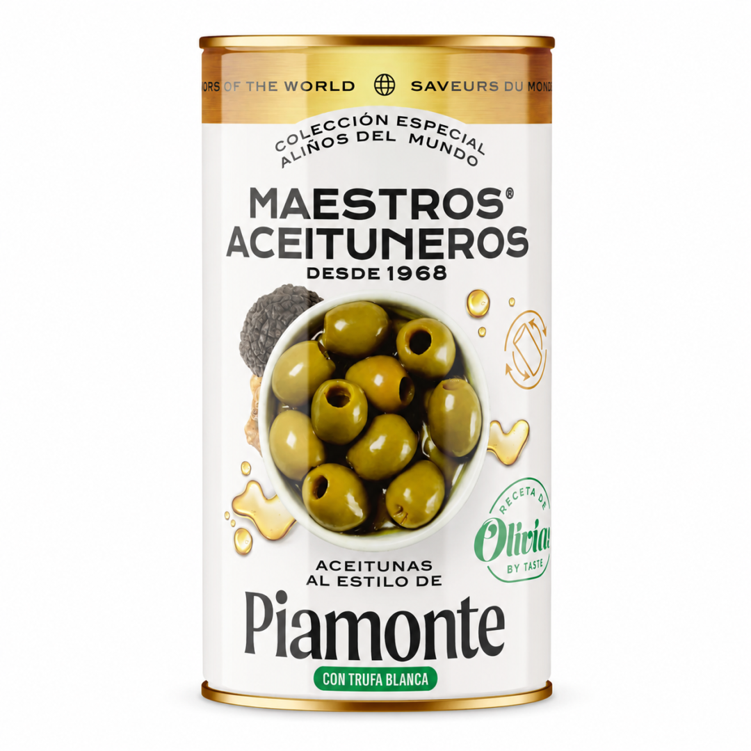 MAESTROS ACEITUNEROS Piamonte stiliaus žaliosios alyvuogės be kauliukų su baltųjų trumų pagardu, 320 g