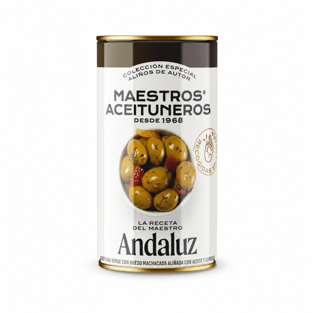 MAESTROS ACEITUNEROS Andalūzijos recepto įskeltos žaliosios alyvuogės su kauliukais, 350 g