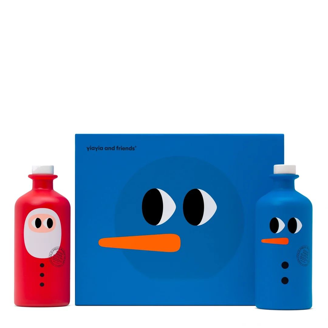 YIAYIA AND FRIENDS „Santa & Snowman Duo“ ypač tyro alyvuogių aliejaus dovanų rinkinys, 2 × 500 ml